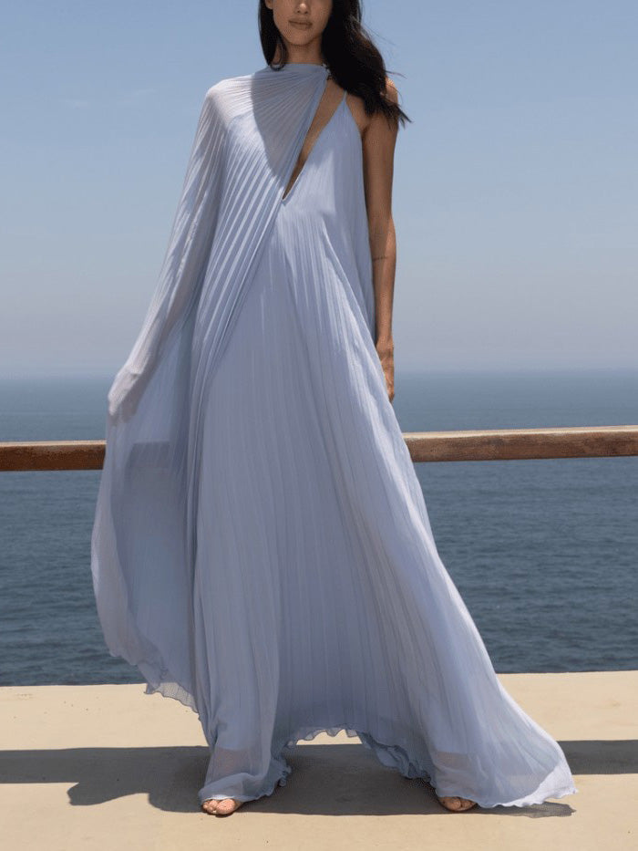 V-neck Pleated Flowy Maxi Dress