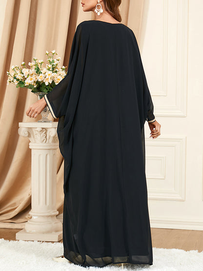 Batwing Sleeves Long Sleeves Embroidered Gauze Tasseled Round-neck Maxi Dresses