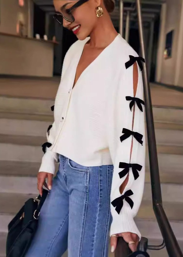 V-neck Knit Cardigan With Bow Accents