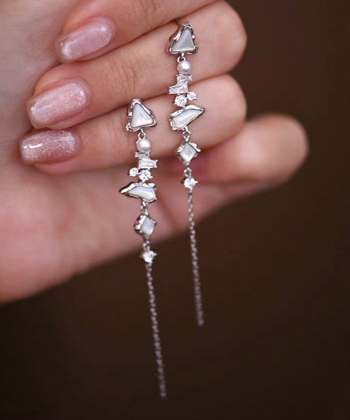 Stylish White Zircon Freshwater Pearl Mother of Pearl Silver Drop Earrings