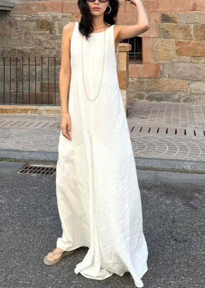 Simple Style White O Neck Cotton Long Dress Sleeveless Ee051