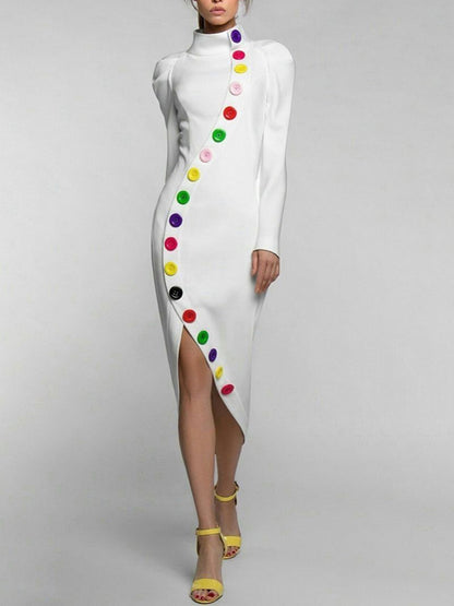 Long Sleeves Buttoned Contrast Color High Neck Midi Dresses