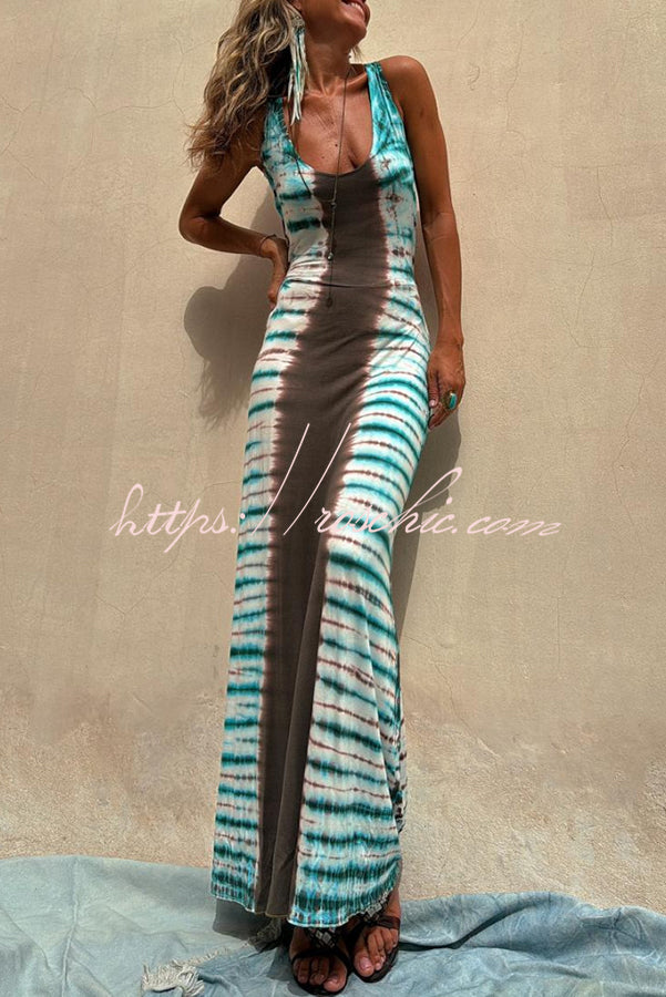Nil Tie-dye Print Back Lace-up Stretch Maxi Dress