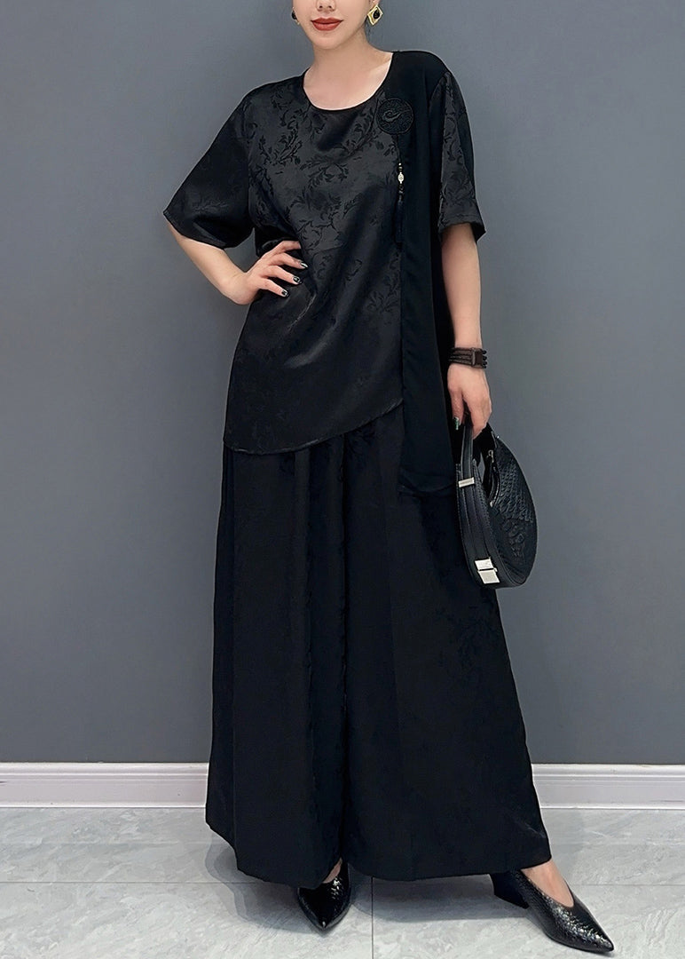 New Chinese Style Silk Jacquard Top and Wide Leg Pants Two Piece Set Ao1019
