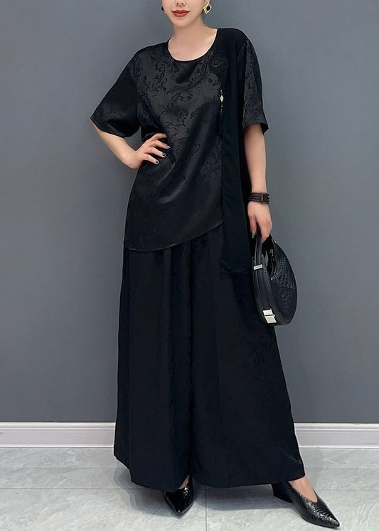 New Chinese Style Silk Jacquard Top and Wide Leg Pants Two Piece Set Ao1019