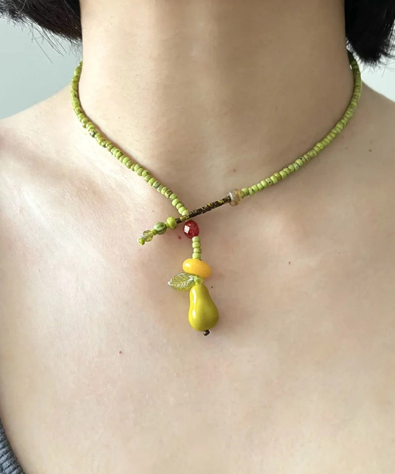 Grass Green Beads Leaf Pear Pendant Necklace