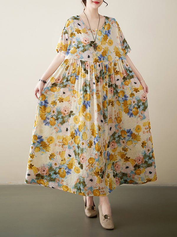 A-line Loose Printed Round-neck Midi Dresses