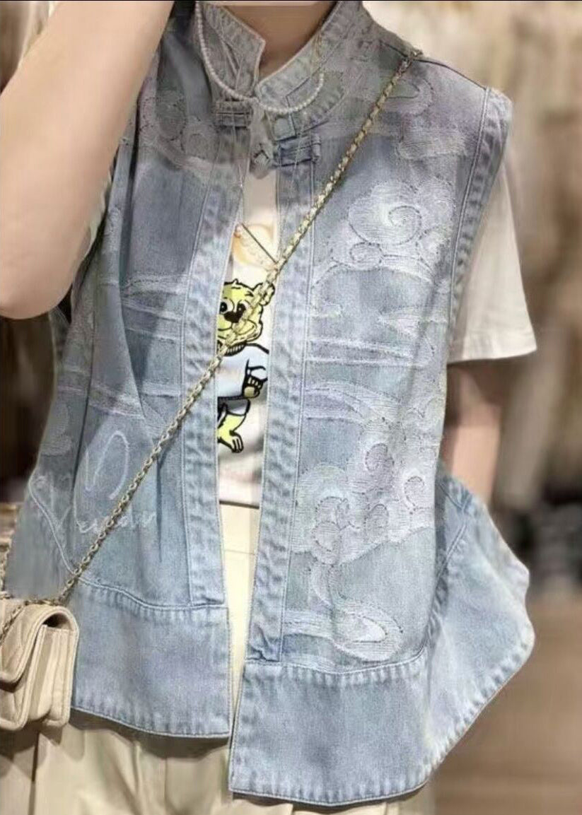 Chinese Style Blue Stand Collar Print Patchwork Low High Design Denim Waistcoat Summer Nn035