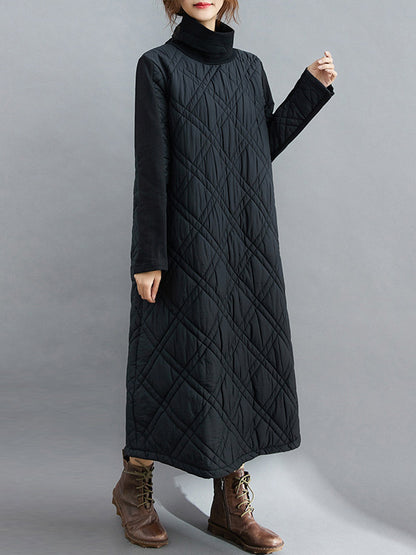 Simple Split-joint High-neck H-line Quilted Midi Dress