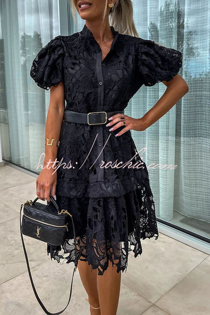Absolutely Crochet Lace Puff Sleeve Belted Shirt Midi Dress