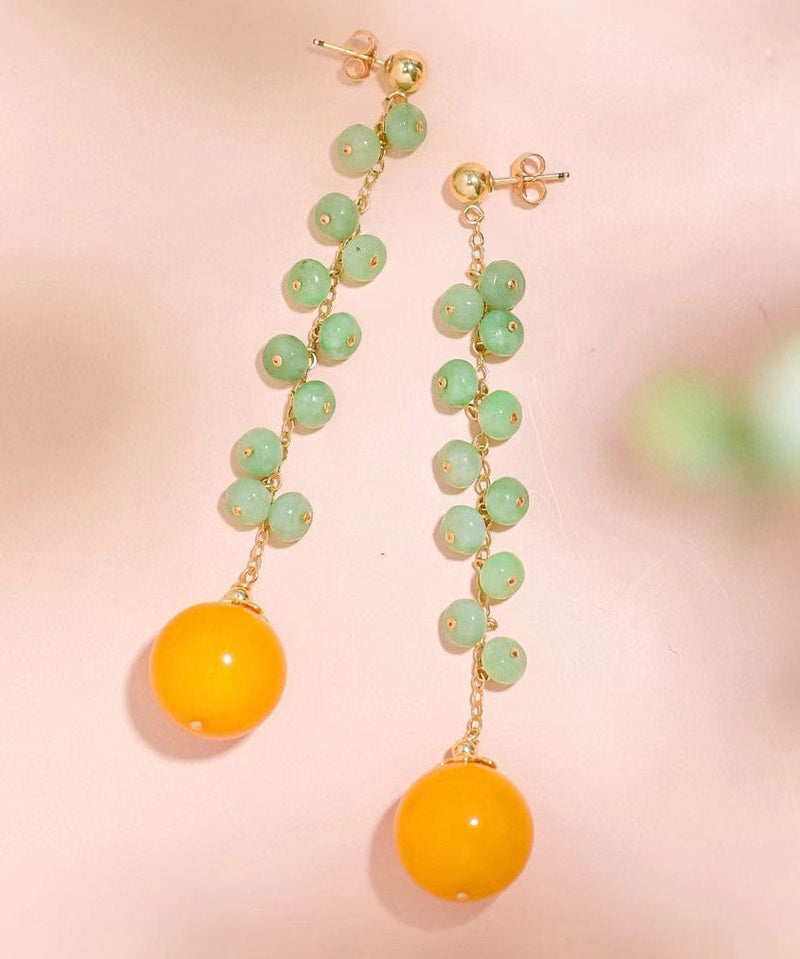 Skinny Green 14k Gold Jade Beeswax Drop Earrings