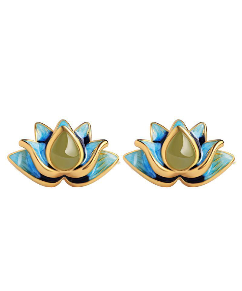 Gradient Color Blue Sterling Silver Jade Enamel Lotus Stud Earrings