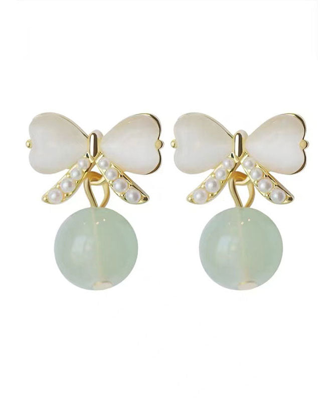 White Allloy Inlaid Pearl Cat's Eye Bow Drop Earrings