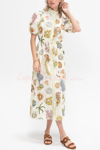 Beach Shell Print Puff Sleeve Tie-waist Midi Dress