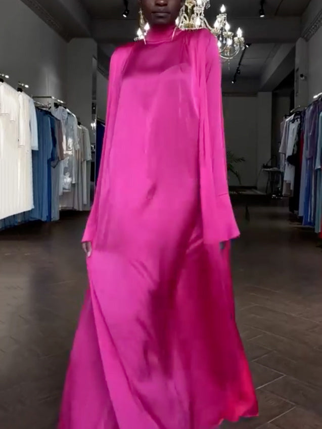 Flared Sleeves Long Sleeves Color High-neck Maxi Dresses