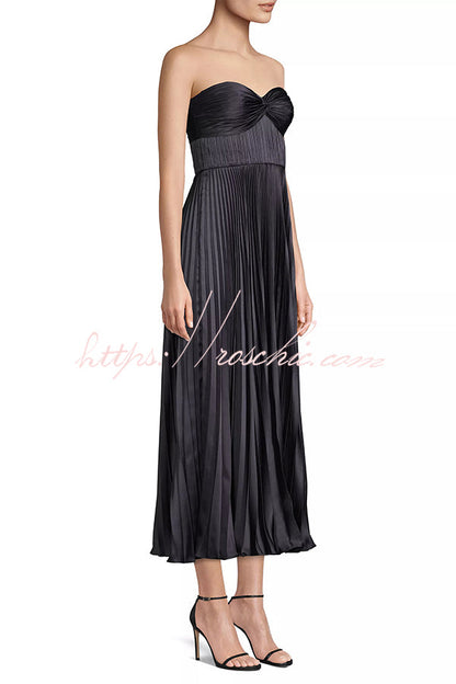 Love Note Satin Sweetheart Twist Off Shoulder Pleated Maxi Dress