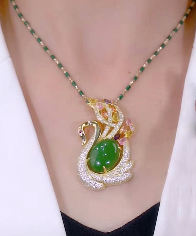 Green Sterling Silver Overgild Jade Cat's Eye Stone Swan Zircon Bamboo Joints Pendant Necklace