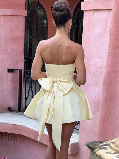 Tee Bow Bandeau Pleated Mini Dress for Sleeveless Patchwork Bandage Party Dress Female Lace-up Y2k Dress New