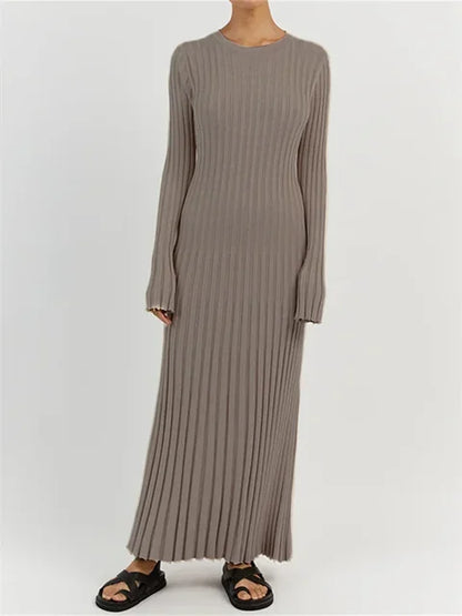 Lace-up Female Knit Maxi Dress – Autumn High Waist Patchwork Long Sleeve Bandage Knitwear Dress