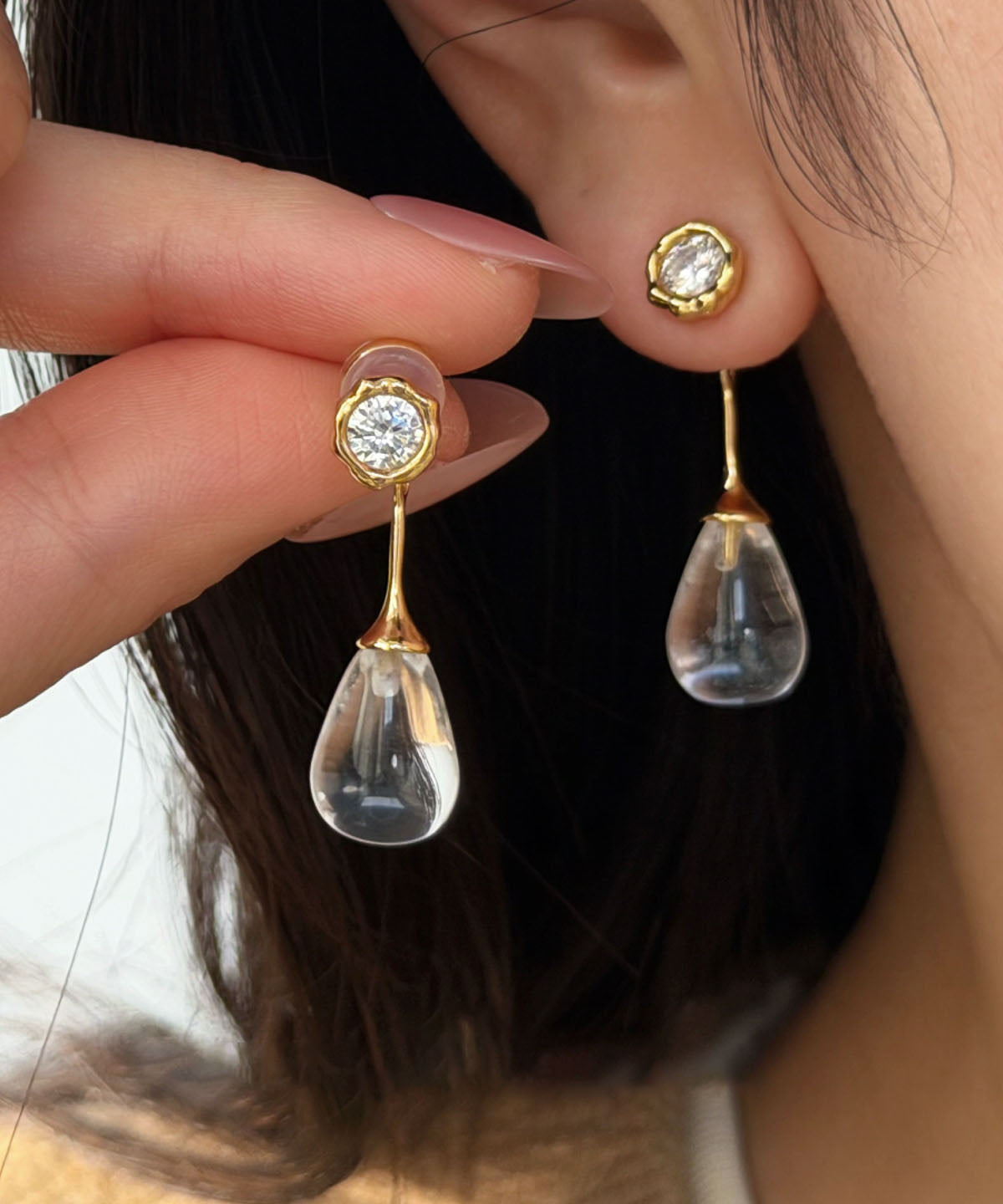 Fine Gold Sterling Silver Overgild Zircon Water Droplet Drop Earrings