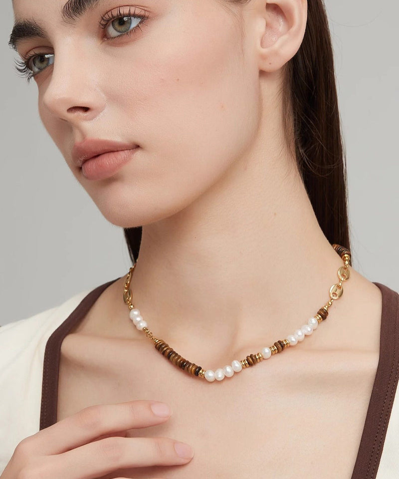 New Colorblockc Stainless Steel Tiger's Eye Patchwork Pearl Gratuated Bead Necklace