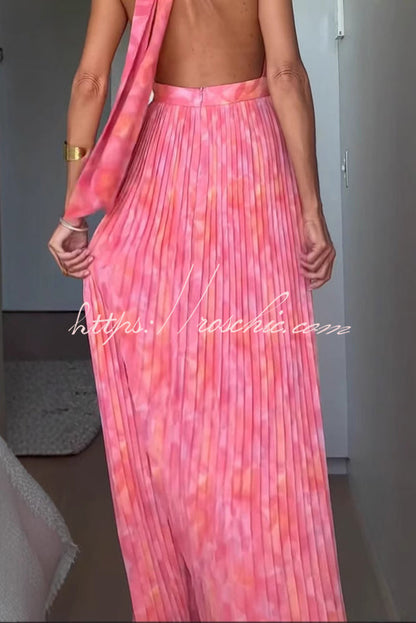 Unique Print Halter Neck Tie Pleated Vacation Maxi Dress