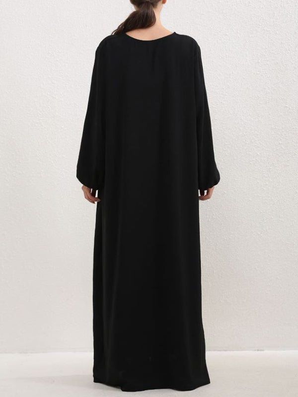 Long Sleeves Loose Pleated Color Split-joint Round-neck Maxi Dresses