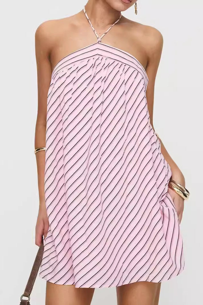 Striped Halter Backless Mini Dress