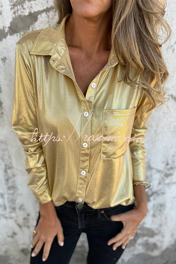 Holiday Look Metallic Loose Pocket Button-down Blouse