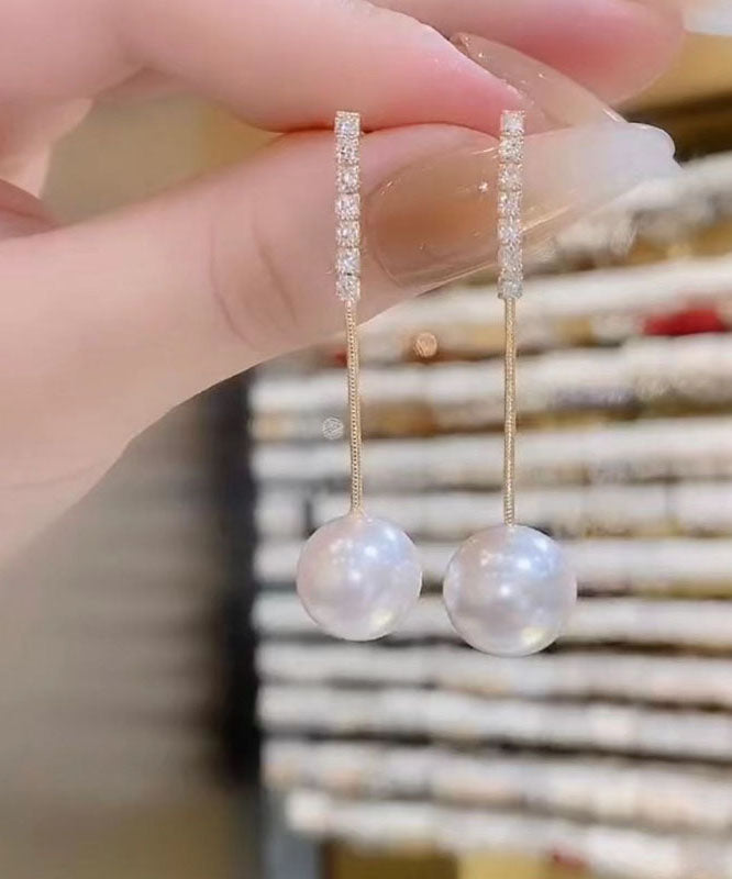 Fine White Fine Sterling Silver Overgild Zircon Pearl Tassel Drop Earrings