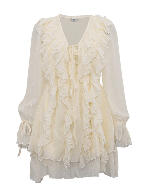 A-line High Waisted Ruffle Trim Color Tied V-neck Mini Dresses