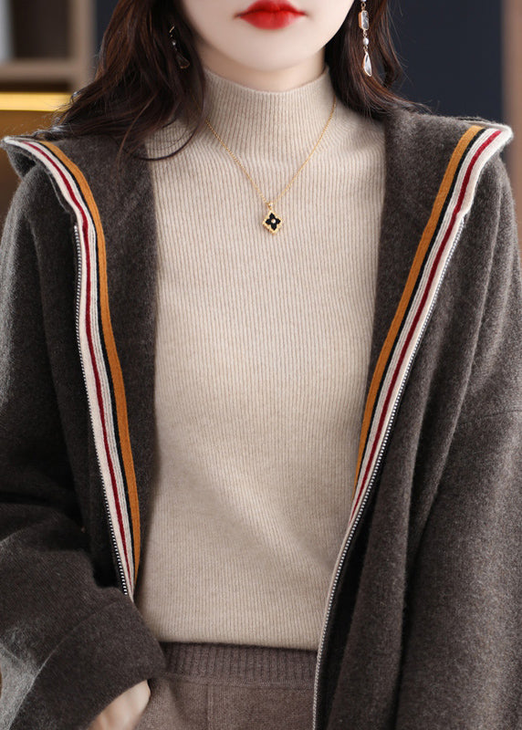 Unique Beige Zippered Patchwork Cozy Woolen Hoodie Cardigans Winter Wv020