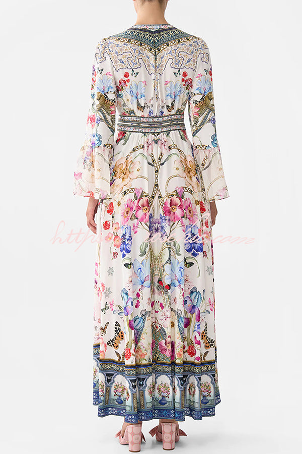 Fairy Tale Print V-neck Lantern Sleeve Waist Maxi Dress