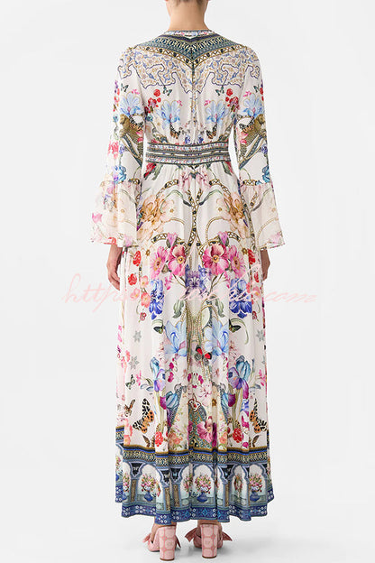 Fairy Tale Print V-neck Lantern Sleeve Waist Maxi Dress
