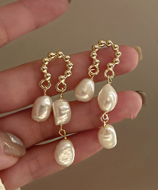 Beige Sterling Alloy Silver Pearl Tassel Drop Earrings