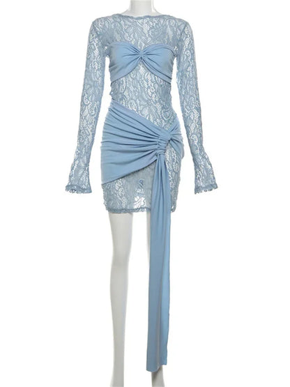 Printed See-through Mini Dress Female Bandage Long Sleeve Lace Patchwork Hollow Out Contrast Dress ’s Clothes