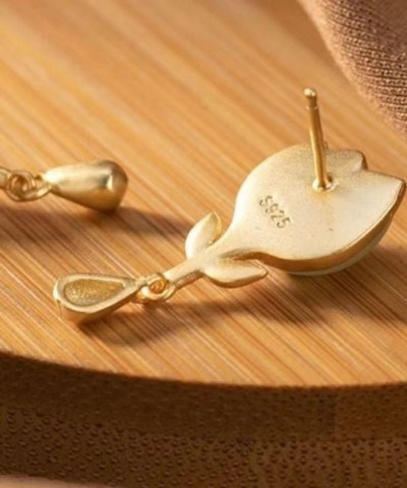 Yellow Sterlign Silver Inlaid Jade Leaf Drop Earrings