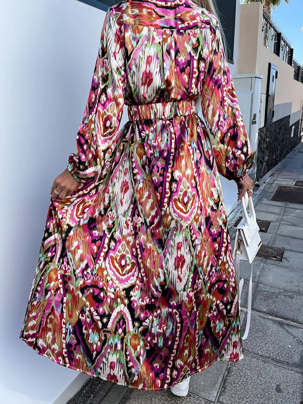 High Waisted Long Sleeves Belted Elasticity Printed Split-front V-neck Maxi Dresses