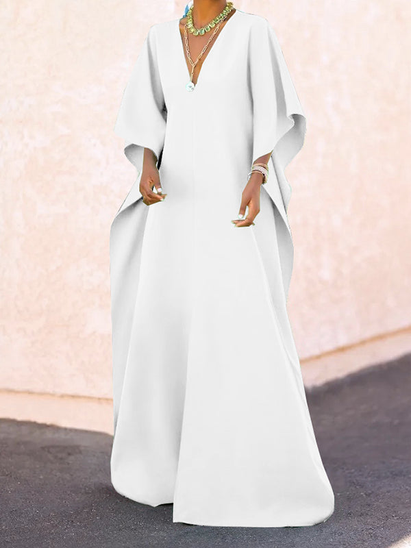 Batwing Sleeves Loose Color Split-side V-neck Maxi Dresses