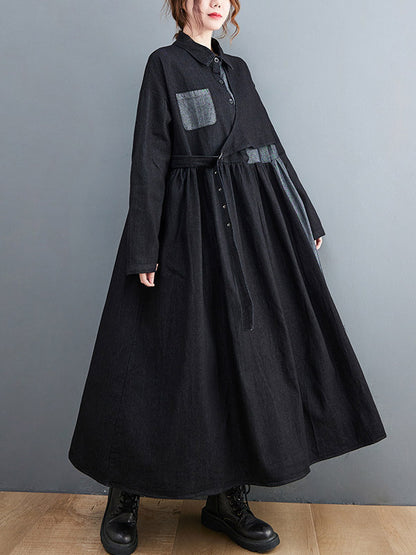 Original Loose Denim Split-joint Tied Lapel Collar Long Sleeves Midi Dress