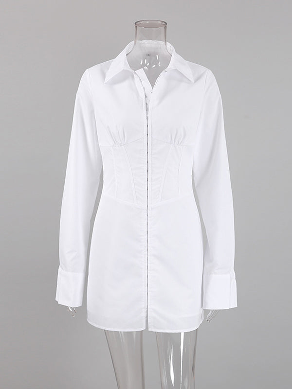 High Waisted Long Sleeves Buckle Color Split-front Lapel Mini Dresses
