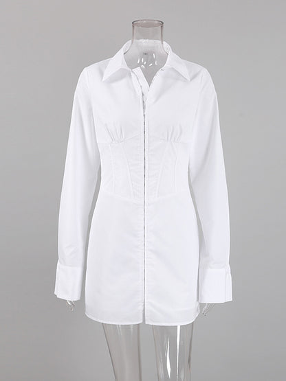High Waisted Long Sleeves Buckle Color Split-front Lapel Mini Dresses