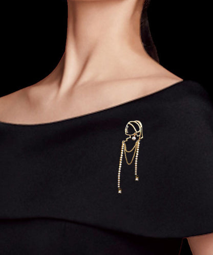 Modern Gold Alloy Zircon Girl With a Pearl Earring Tassel Brooches