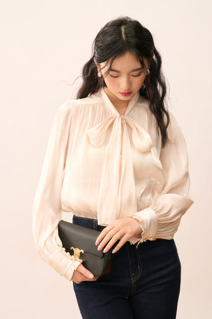 Shiny Ribbon-tie Romantic Blouse