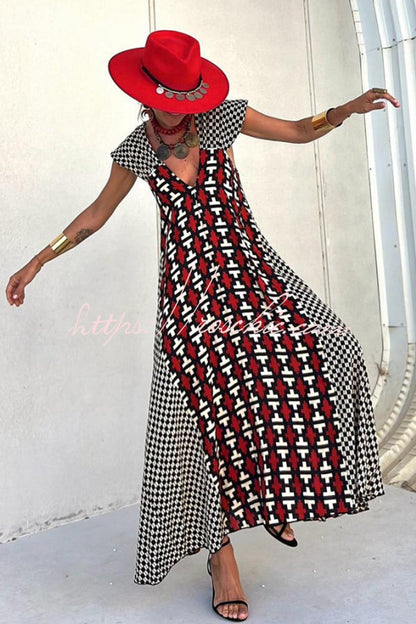 Fresh Breeze Unique Print Ruffle Sleeve A-line Maxi Dress