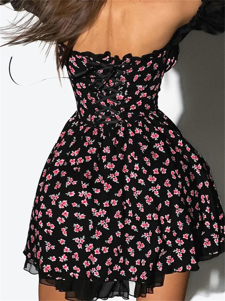 Printed Off-shoulder Mini Dress ’s Ruffled See-through Long Sleeve Bandage Patchwork Dress Female Clothes New