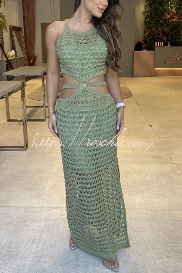 Gaze Knit Texture Ring Side Waist Cutout Stretch Maxi Dress