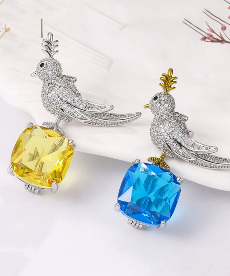 Yellow Copper Zircon Inlaid Gem Stone Little Bird Brooches