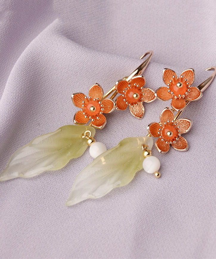 Stylish Green Acrylic Flower 14k Gold Drop Earrings