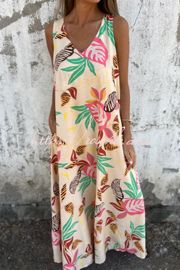 Botanical Print V-neck Pocket Loose Maxi Dress